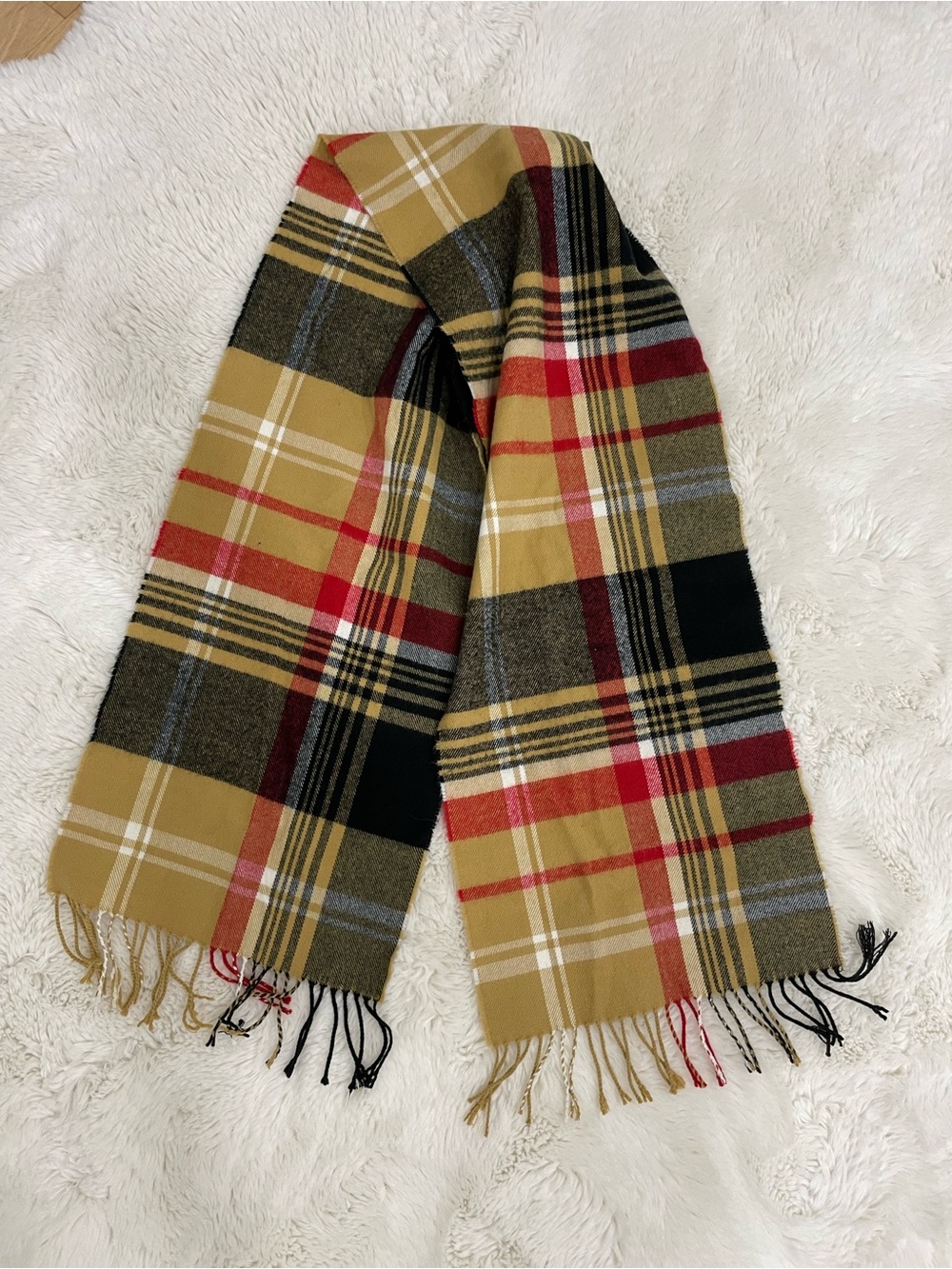 Plaid Fringe Scarf in Mustard, Red & Black